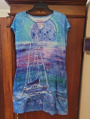 Leoma Lovegrove | Blue Ship Boat Short Sleeve Dress Pockets Beachy Resort Small